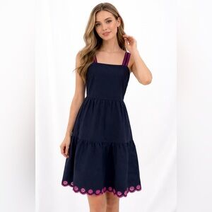 J.Crew Navy Blue Tiered Sundress - Pink Embroidered Straps & Floral Hem Dress-00
